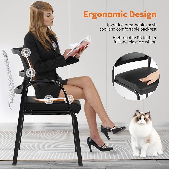 CLATINA Stackable Waiting Room Chair with Adjustable Mesh Backrest, Armless Office Guest Reception Chairs with Leather Cushion and Ergonomic Lumbar Support for Conference Lobby Side School, Black, 8PK-DeskLoop Office