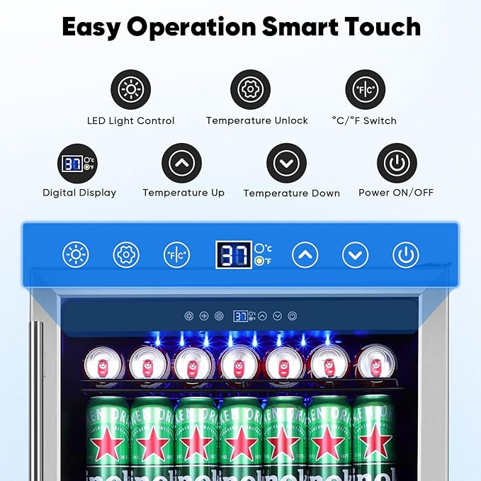 24" Beverage Refrigerator & Cooler, 180 Cans Under Counter Fridge with Lock, Glass Door & Powerful Cooling Compressor - Quiet, Built-in/Freestanding Drink Fridge-DeskLoop Office