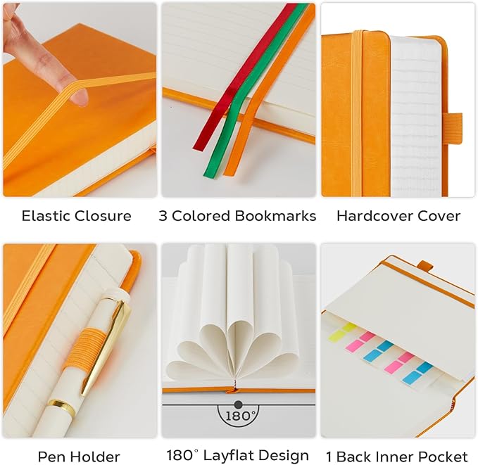 Leather Lined Notebook Journal, 320 Pages Hardcover Notebook Journals for Writing Note Taking Women & Men, B5 (7.1'' X 10'') College Ruled Daily Notebook Journal, Orange