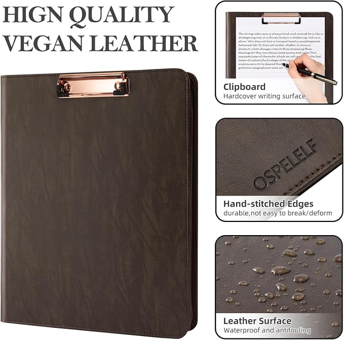 Ospelelf Zippered Portfolio Binder, Leather Clipboard Folder - Image 5