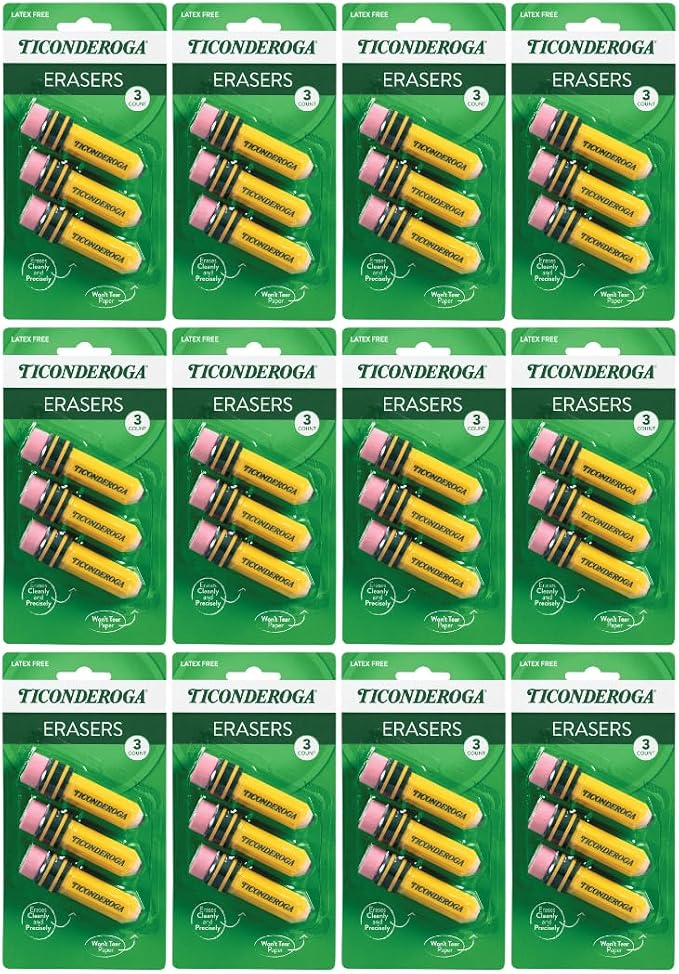 Ticonderoga Pencil Shaped Erasers, 3 Erasers/Pack, 12 Packs | Yellow, 0.75" x by Ticonderoga