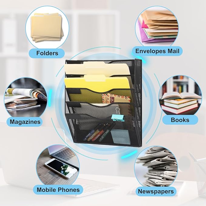 EASEPRES Magnetic 5 Pocket Mesh Hanging File Organizer, Wall Mounted Mail Paper Document Folder Holder, Clipboard Storage Organization Magazine Rack with Nametag Label for Office Home School, Black-DeskLoop Office