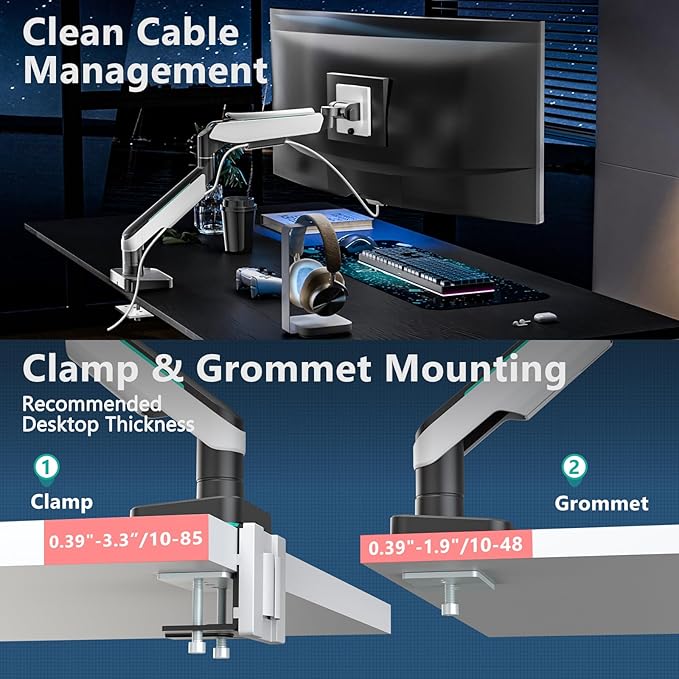 WALI Heavy Duty Monitor Arm, Monitor Stand for Screen up to 49 inch, 44 lbs, Aluminum Ultrawide Computer Mount for Samsung Odyssey G9, Adjustable, Mounting Holes 75 and 100 (GAM001XL), White-DeskLoop Office