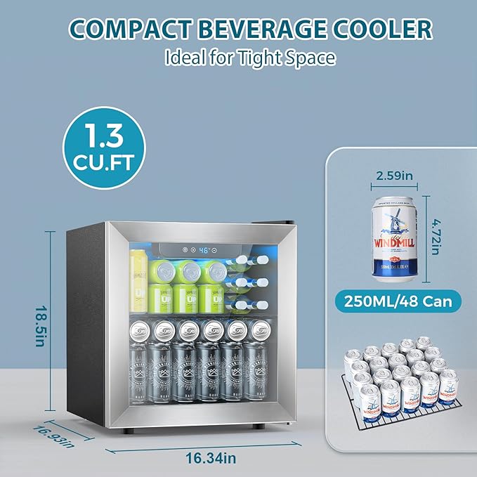 48 Can Beverage Refrigerator,12 Bottle Wine Cooler with Stainless Steel Glass Door, Digital Temperature Display, Countertop Mini Fridge for Soda, Wine or Beer, Silver-DeskLoop Office