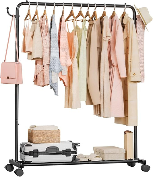 Homde Heavy Duty Clothes Rack: 120lb Standing Garment Storage for Indoor - Rolling Hanging Rod for Bedroom Laundry Room - Coat Dress Organizer on Wheels with luggage shelf (Black，46")-DeskLoop Office