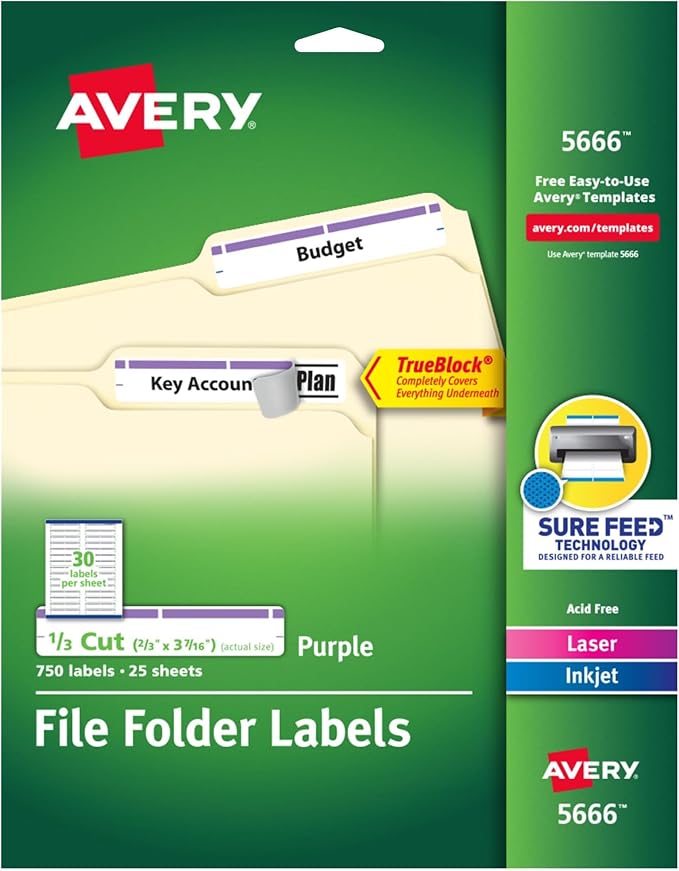 Avery TrueBlock File Folder Labels, 2/3" x 3-7/16", 750 Printable Labels by Avery