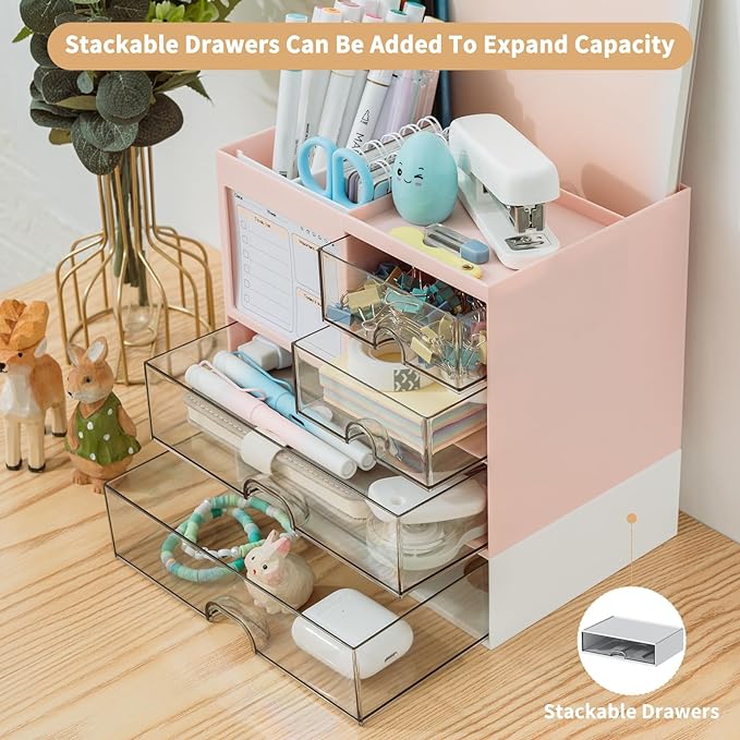 Multi-Functional Desk Organizer with 3 Drawer and 8 Compartments, Pink-DeskLoop Office