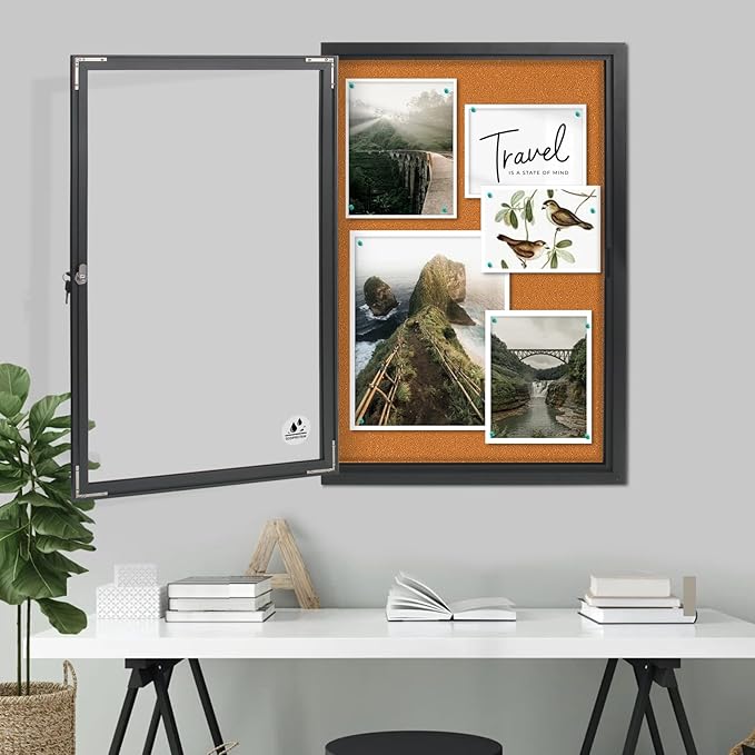 Enclosed Bulletin Board,Outdoor Weatherproof Cork Noticeboard with Locking Door, Wall-Mounted Black Aluminum Frame,Display Case Message Board for Office Home,36x24 Inch (5xA4)-DeskLoop Office