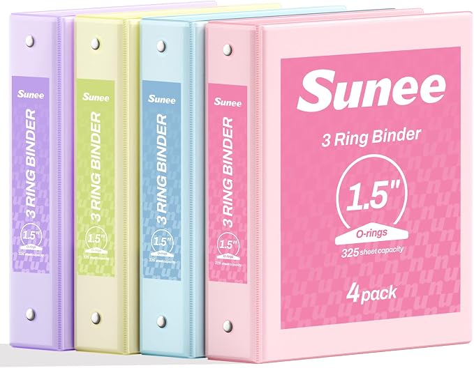 SUNEE 1.5 Inch Binders 3 Ring 4 Pack by SUNEE