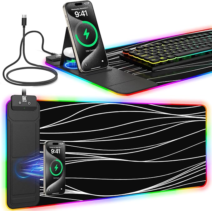 RGB Mouse Pad with Foldable Phone Stand Wireless Charger, 31.5"x11.8" XL Gaming by miroddi