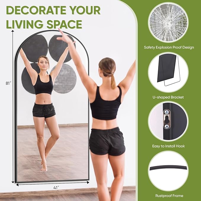 Full-Length Floor Mirror with Stand, 81"x41" Arched Style Full Body Standing Mirror for Bedroom, Living Room, Gym, Dorm - Shatter-Resistant & Easy Assembly, Black-DeskLoop Office
