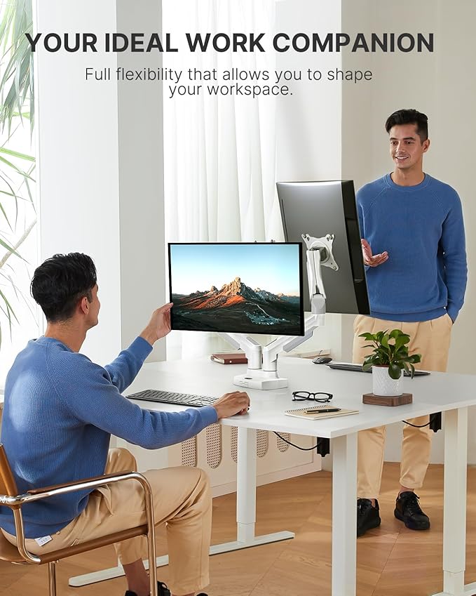 HUANUO Dual Monitor Stand - Full Adjustable Monitor Desk Mount Swivel Vesa Bracket with C Clamp, Grommet Mounting Base for 13 to 32 Inch Computer Screens - Each Arm Holds 4.4 to 19.8lbs - White-DeskLoop Office