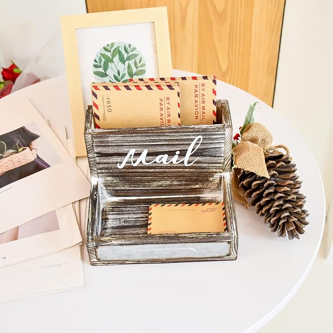OKSQW Farmhouse Mail Organizer Countertop Letter Sorter Caddy 2 Tier Rustic - Image 5