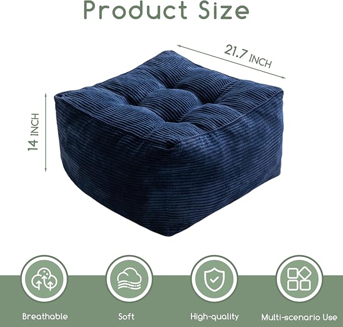 HIGOGOGO Square Stuffed Pouf Ottoman, Corduroy Poufs with Foam Chunk Filling, Furry and Fluffy Pouf Foot Stool Storage Ottoman, 21 X 21 Floor Poufs Foot Rest for Living Room, Navy-DeskLoop Office