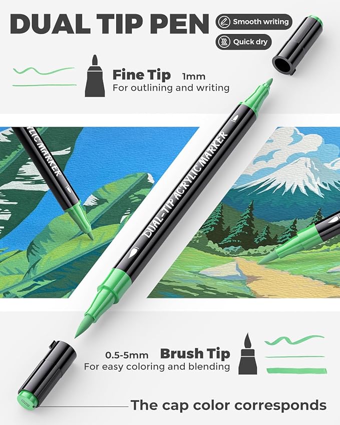 JusArt 36 Colors Acrylic Paint Markers Set With Bag, Dual Tip with Brush Tip and Fine Tip Paint Pens for Rock Painting, Wood, Egg, Canvas, Glass, Stone, Ceramic, DIY Crafts Professional Art Supplies-DeskLoop Office