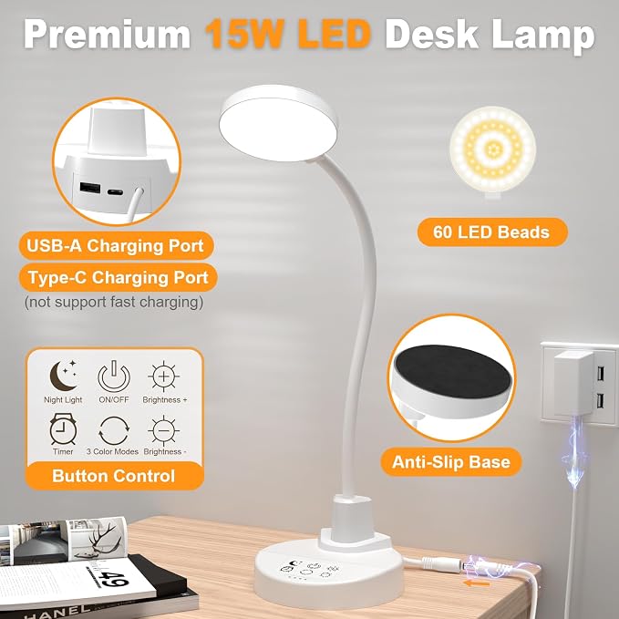 15W LED Desk Lamp with USB Charging Ports – Dimmable Table Lamp with 3 Color - Image 8