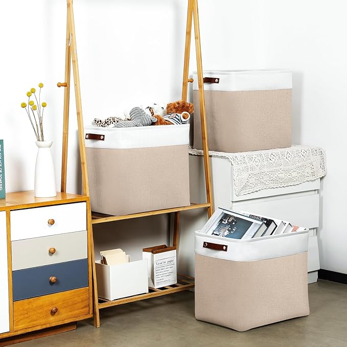 DULLEMELO Large Storage Baskets for Organizing, Canvas Storage Bins Big Baskets With Handles for Shelf Clothes Empty Gift Basket (White&Khaki)-DeskLoop Office