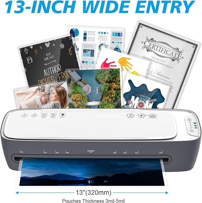 Laminator Machine 13-Inch Thermal Lamination with Laminating Sheets 9 in1 Office Desktop Laminate Machine, Portable A3 Laminater for Teachers Personal 60S Warm-Up Never Jam-DeskLoop Office