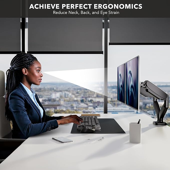Mount-It! Dual Monitor Desk Mount – Full Motion Gas Spring Arms, Fits 13 to 32 Inch Screens, Holds 17.6 lbs per Arm, Dual Monitor Stand, VESA Mount, C-Clamp & Grommet Base-DeskLoop Office