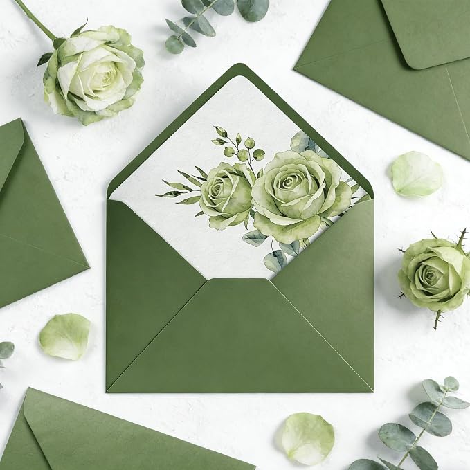 50 Pcs Olive Green Envelopes Floral Pattern 5x7 Envelopes - Image 2