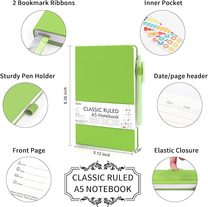 feela 5 Pack Notebooks Journals Bulk, Hardcover Notebook Classic Ruled Lined Journals with Pen Holder for Women Girls School Business Supplies, with 5 Black Pens, 120 GSM, 5.1”x8.3”, A5, Green-DeskLoop Office