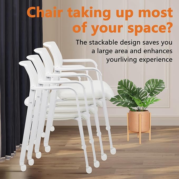 CLATINA Stacking Office Chairs | Mesh Back, Thicken Leather Seat and Arms, Ergonomic Lumber Support | Guest Reception, Waiting, Conference, School, Party, Customer, Side, Stationary | Set of 2, White-DeskLoop Office