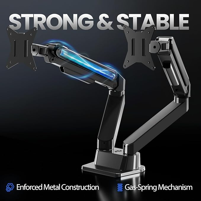 EVEO Premium Dual Monitor Mount 14"-32” Dual Monitor Arm VESA Bracket Adjustable Height Gas Spring Dual Monitor Stand, Screen Full Motion Dual Monitor Arm-Computer Monitor Stand for 2 Screens - Black-DeskLoop Office