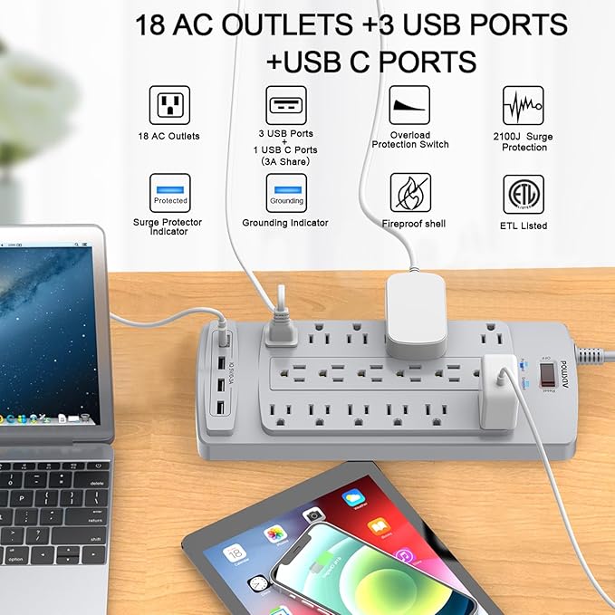 18 Outlets Surge Protector Power Strip - 10 Feet Flat Plug Heavy Duty Extension Cord with 18 Widely Outlets and 4 USB Ports, 2100 Joules, Grey, ETL Listed-DeskLoop Office