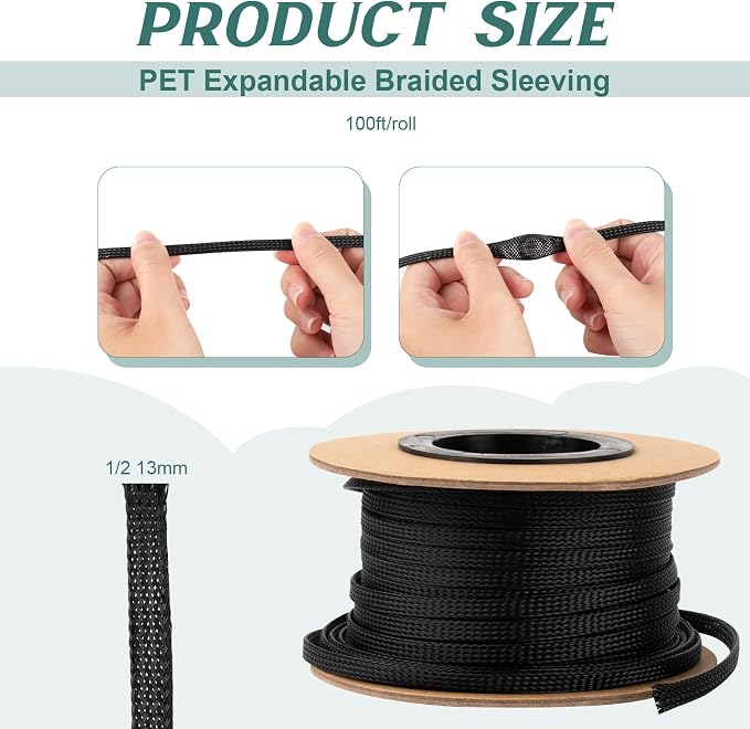 100ft 1/2 Inches Braided Wire Loom PET Cable Loom Expandable Braided Cable - Image 2