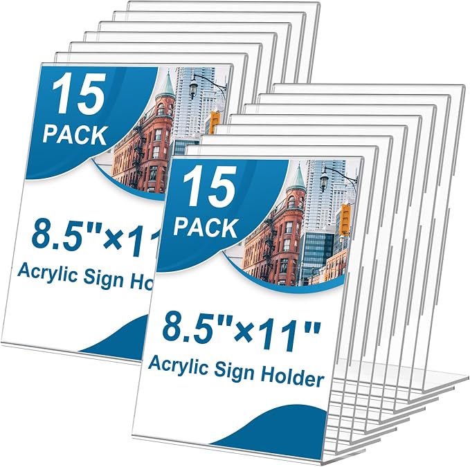 15 Pack Acrylic Sign Holder 8.5 x 11, L-Shape Clear Plastic Display Stand by Seencool