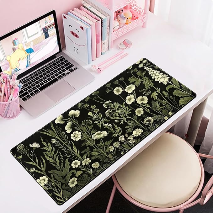 Floral Green Plant Mouse Pad Aesthetic Vintage Desk Pad Black Extended Mouse Pad Large Desk Mat for Desktop Keyboard Pad and Office Home Work Mouse Pad XXL Laptop Computer Mat 31.5 X 11.8 in-DeskLoop Office