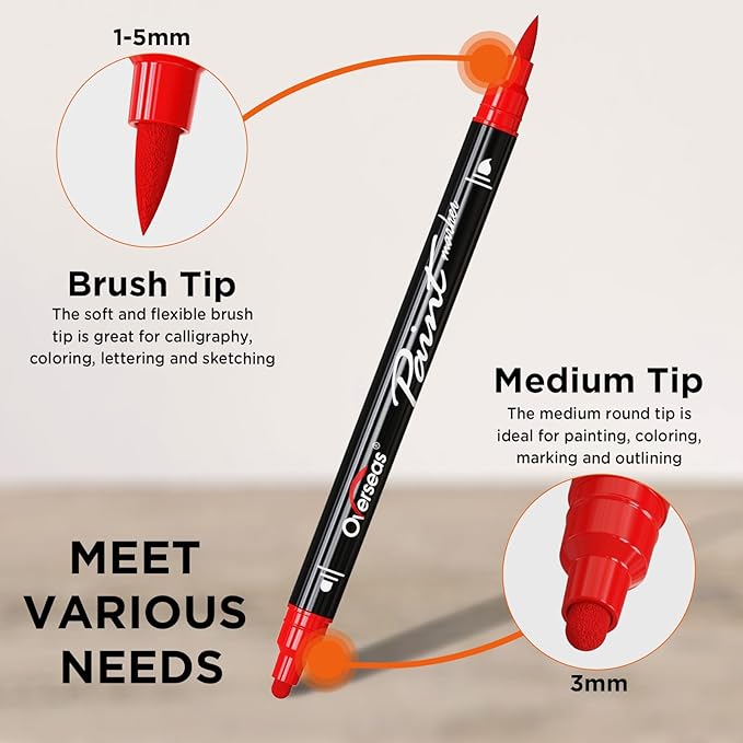 Overseas White and Black Acrylic Paint Markers, 2 Dual Tip Paint Pens Acrylic Markers with Dot and Brush Tip, Coloring Marker for Wood, Rock, Canvas, Glass, Metal, Plastic, Fabric, School Supplies