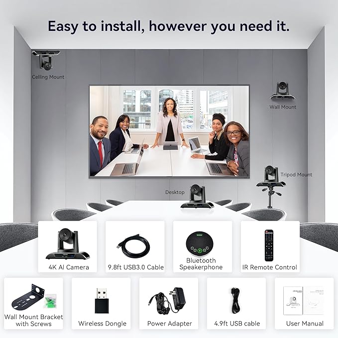 4K Conference Room Camera System, AI Auto-Tracking PTZ Camera 5X Digital Zoom with Speakerphone Set 120° Wide-Angle USB3.0 for Zoom YouTube Teams OBS and More-DeskLoop Office
