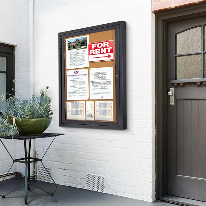 Enclosed Bulletin Board Outdoor Noticeboard with Locking Door, Weather-Resistant, Cork, Black Aluminum Frame, 36 x 24 in-DeskLoop Office