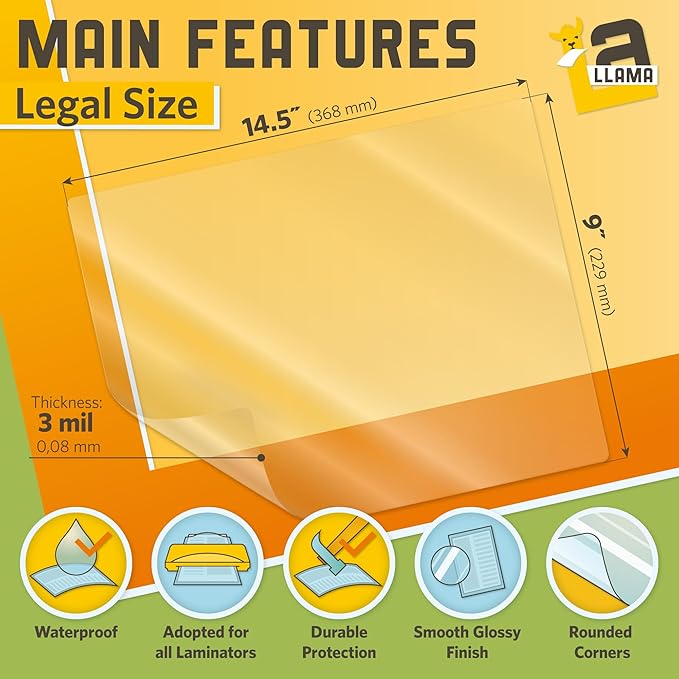 50 Pack Thermal Laminating Pouches 9” x 14.5”, 3 Mil Thick, Suited for Legal Size Laminating Sheets 8.5 x 14-DeskLoop Office