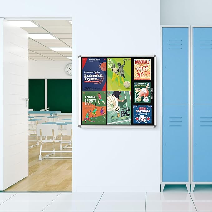 Enclosed Bulletin Board Lockable Display Case Message Board with Locking Door for Indoor, Black Felt, Silver Aluminum Frame, 28x26 inch (6xA4)-DeskLoop Office