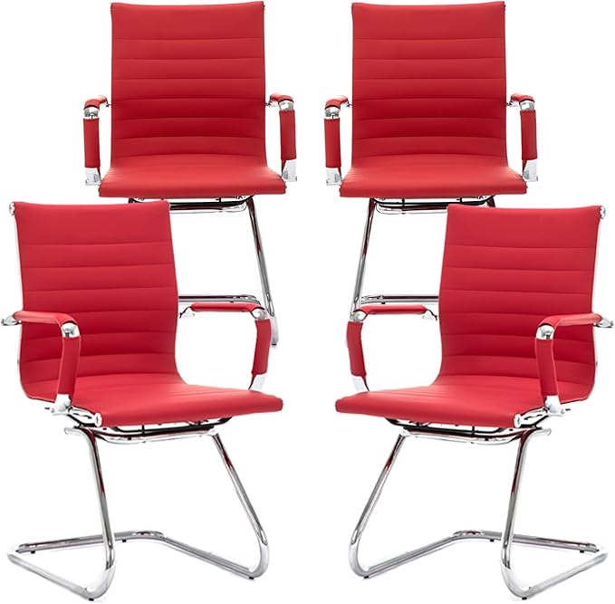 Office Desk Chair Set of 4,No Wheels PU Leather Computer Chairs Mid Back Guest Chairs with Seld Base for School/Reception/Conference/Waiting Room, Burgundy Red-DeskLoop Office