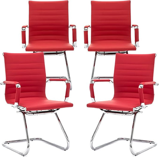 Office Desk Chair Set of 4,No Wheels PU Leather Computer Chairs Mid Back Guest Chairs with Seld Base for School/Reception/Conference/Waiting Room, Burgundy Red-DeskLoop Office
