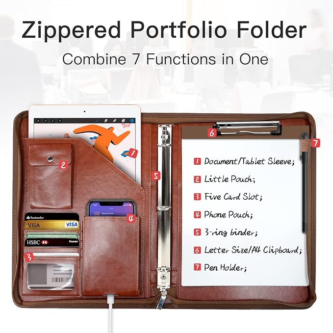 Zippered Portfolio Organizer, WRIYES Leather Padfolio - Image 2