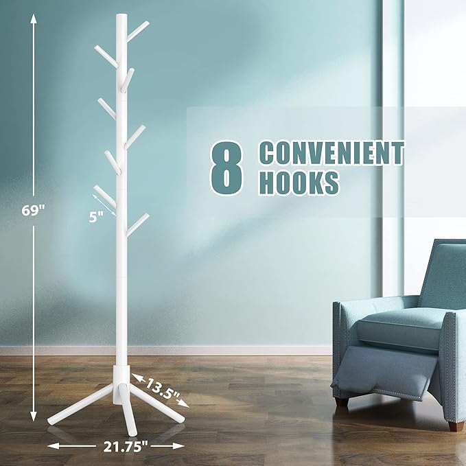 Haddockway Wooden Coat Rack Stand with 8 Hooks New Zealand Pine 3 Adjustable Coat Standing Tree Easy Assembly for Coats, Hats, Scarves and Handbags for Entryway, Hallway, Bedroom, Office, white-DeskLoop Office