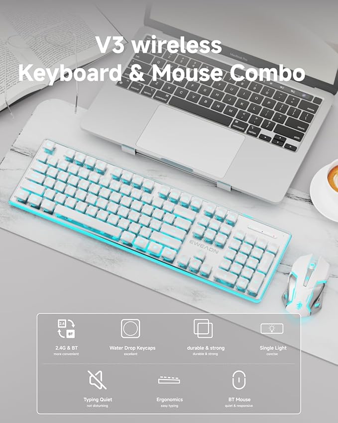 EWEADN V3 Wireless Keyboard and Mouse with Blue Backlit, Metal Panel, Bluetooth/2.4G Rechargeable Computer Keyboard and Mouse Combo Silent Lighted Full Size Cute Keyboards-White-DeskLoop Office