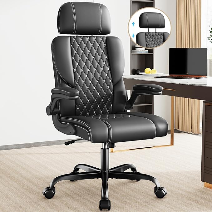 Sytas Executive Leather Office Chair, Comfy Desk Chair with Adjustable Headrest & Flip-up Padded Arms & Lumbar Support, Adjustable Hight and Tilt, Rolling Swivel Chair, Black-DeskLoop Office