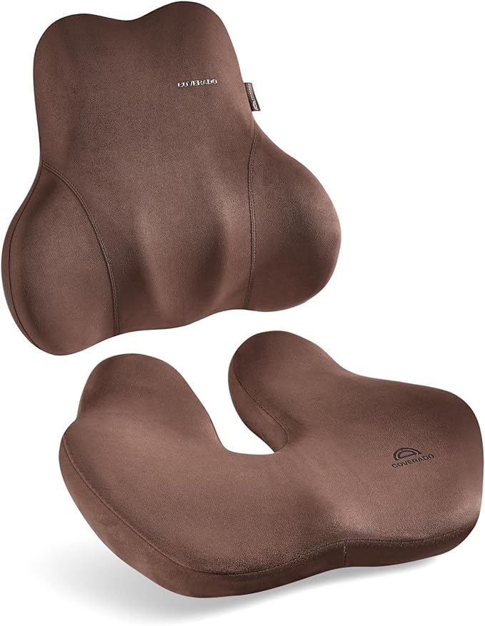 Coverado Memory Foam Car Seat Cushion and Lumbar Support Pillow for Car, Ergonomic Office Chair Cushion for Lower Back Pain Relief, Breathable & Non-Slip for Car, Home, and Office Use, Coffee-DeskLoop Office