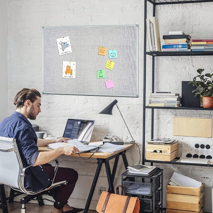 Lockways 36" x 24" Premium Cork Bulletin Board, Light Grey Framed Linen Fabric Pinboard with Silver Aluminum Frame for Home, Office & Kitchen Organization-DeskLoop Office