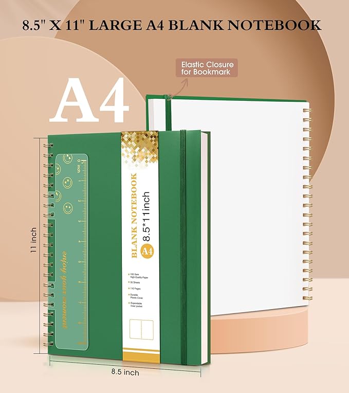 Blank Spiral Notebook Journal 8.5” x 11”, A4 Large Sketch Book for Women Men, 100 GSM Blank Paper Drawing Notebook, Plastic Hardcover Spiral Bound Sketchbook for Sketching Work School Writing, Green-DeskLoop Office