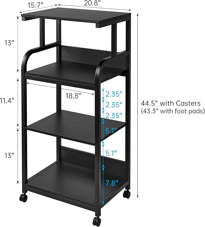 Printer Stand with Adjustable Shelf, 4 Tier Large Tall Printer Table with Wheels for Home Office Storage and Organization, Rolling Stand Cart for Computer Tower CPU Shredder, Black-DeskLoop Office