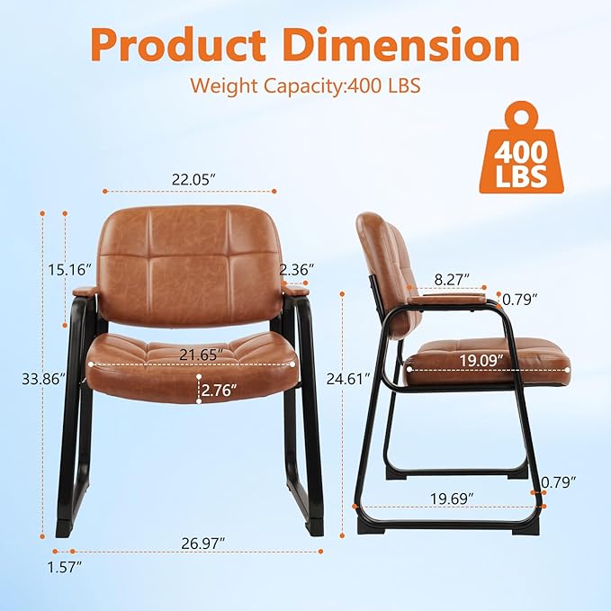 CLATINA Big & Tall 500 lbs Waiting Room Chairs with Padded Armrests and Sled Base, Leather Stationary No Wheels Office Guest Chair for Reception Lobby Home and Meeting Conference, Brown (8 Pack)-DeskLoop Office