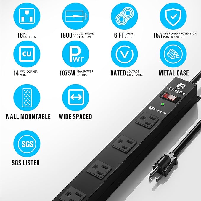 16 Outlet Surge Protector Metal Power Strip, 1800J Mountable Power Outlet, Heavy Duty Workshop Metal Power Strip for Commercial, Industrial, School and Home,15A 125V 1875W (6FT)-DeskLoop Office