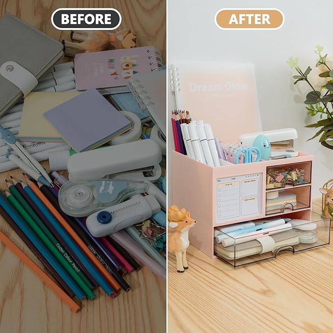 Multi-Functional Desk Organizer with 3 Drawer and 8 Compartments, Pink-DeskLoop Office