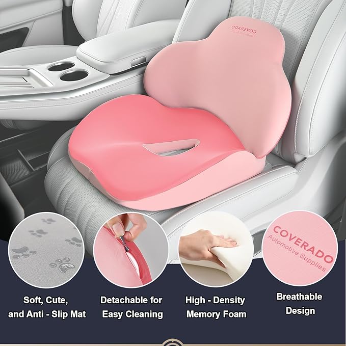 Coverado Seat Cushion and Lumbar Support Pillow for Car Office Chair, Ergonomic Memory Foam Desk Chair Cushion Back Support Pillow, Sciatica & Back & Tailbone Pain Relief Cushion-Pink-DeskLoop Office